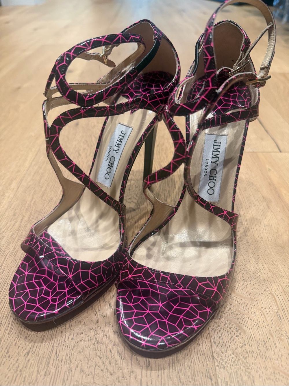 Jimmy Choo Black and Pink Geometric Strappy Stiletto Sandals - Picture 4 of 13
